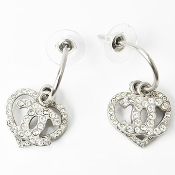 CHANEL earrings swing CC mark heart motif rhinestone silver