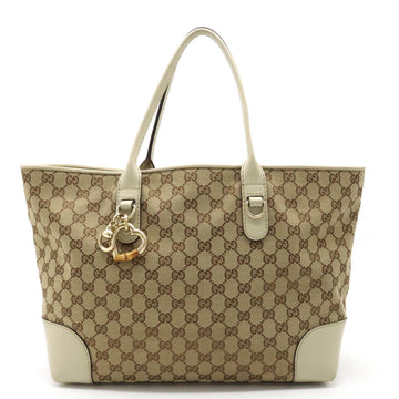 GUCCI GG Canvas Heart Bit Tote Bag Shoulder Leather Bamboo Khaki Beige 269956