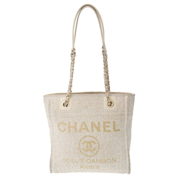 CHANEL Deauville PM White/Gold Women's Canvas Tote Bag