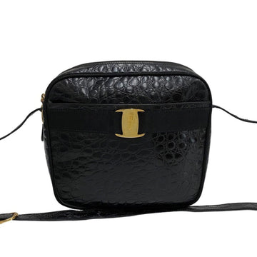 SALVATORE FERRAGAMO Vara Ribbon Hardware Leather Genuine Mini Shoulder Bag Pochette Sacoche Black