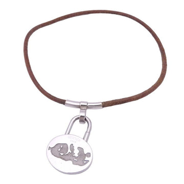 HERMES pendant necklace cadena charm brown x silver leather metal material