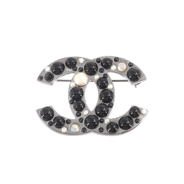 CHANEL Coco Mark Fake Pearl Brooch Silver Black 03A Accessories