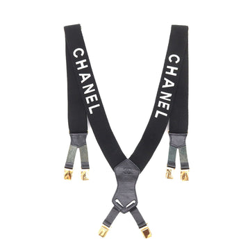 CHANEL Suspender Logo Canvas Leather Black White Gold Hardware Vintage