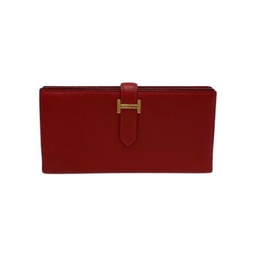 HERMES Bearn Logo Metal Fittings Vaux Epson Leather Genuine Bifold Long Wallet Red 27327