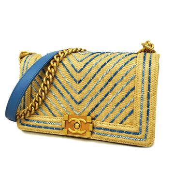 CHANEL Shoulder Bag V Stitch Chain Straw Blue Natural Gold Hardware Women's