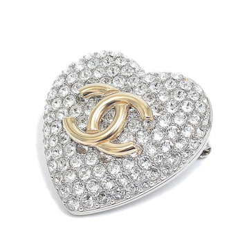 Chanel Coco Mark Heart Brooch Rhinestone Silver B20S AB3644