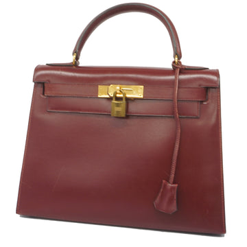 HERMESAuth  Kelly 28 〇L Stamped Women's Box Calf Leather Handbag Rouge Ash