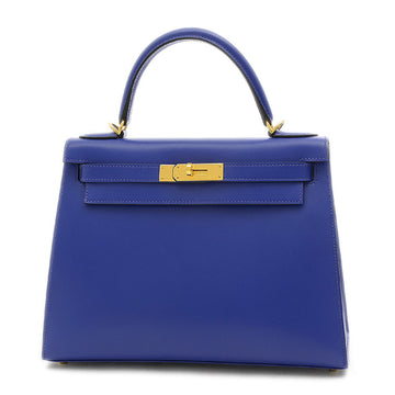 HERMES Kelly 28 Outer sewing tadelakt blue electric handbag Gold metal fittings D stamp