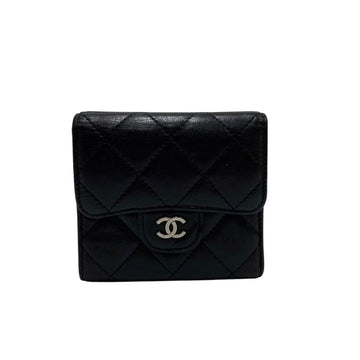 CHANEL Matelasse Lambskin Leather Genuine W Hook Bifold Wallet Black 28074