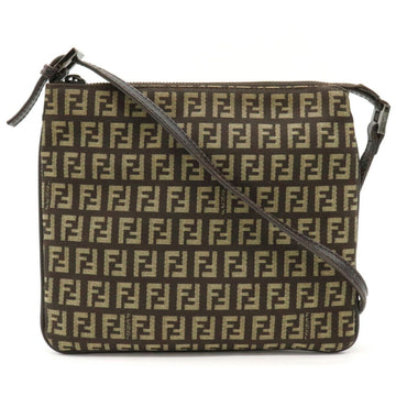 Fendi Zucchino Pattern Shoulder Bag Pochette Canvas Leather Dark Brown Black 8BT047