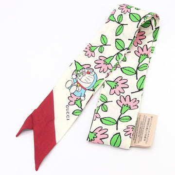 GUCCI Scarf Muffler Doraemon Collaboration Floral Silk Neck Bow 656611 White Red Multicolor 100% Ribbon Women's