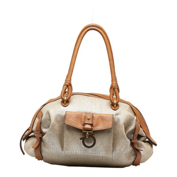 SALVATORE FERRAGAMO Gancini Handbag Champagne Gold Brown Canvas Leather Ladies