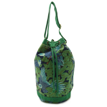 HERMES Shoulder Bag Botanical Bird Print Parakeet Canvas Green Blue