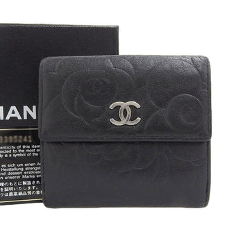 Chanel Camellia Coco Mark Logo Double Hook Folding Wallet W Bifold Leather Black A47422 With Seal 1st Series