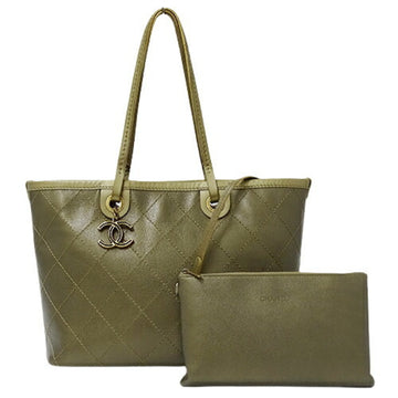 CHANEL Bag Wild Stitch On The Road Women's Tote Shoulder Caviar Skin Khaki Metallic Green Cocomark