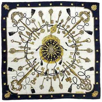 HERMES Scarf Muffler Carre 90 White Gold Black LES CLES Silk 100%  Key Pattern Women's