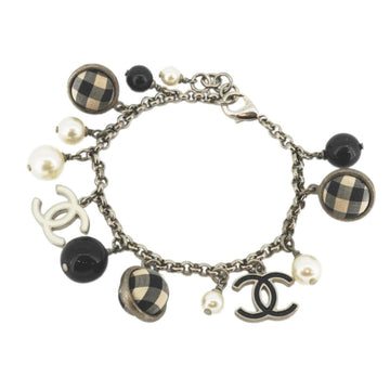 CHANEL Bracelet Coco Mark Chain Gingham Check Fake Pearl Plastic Metal Material Silver White Black B11C Ladies