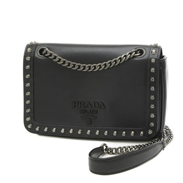 PRADA Studded Flap W Chain Shoulder Bag Leather Black 1BD147