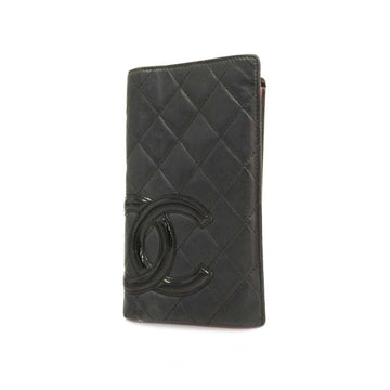 CHANEL Long Wallet Cambon Lambskin Patent Leather Black Pink Women's