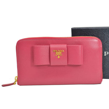 Prada Long Wallet Pink Gold Leather Round Zipper Ladies