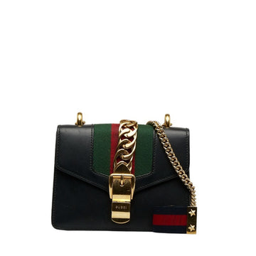 GUCCI Sylvie Small Sherry Line Chain Shoulder Bag 431666 Black Multicolor Leather Women's