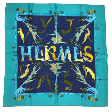 HERMES Carre 90 Scarf Muffler ANIMAL ALPHABET Animal Alphabet Forest Movement Navy x Turquoise Blue Silk aq7381