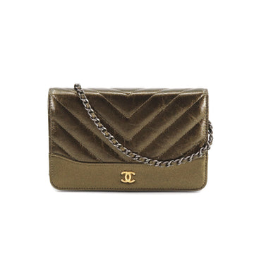 CHANEL chevron V stitch chain wallet long leather metallic khaki vintage silver metal fittings Chain Wallet