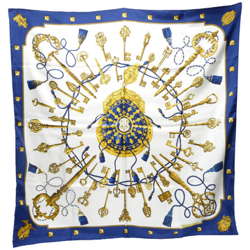 HERMES LES CLES Key Carre 90 Large Scarf Shawl Stole Women's Silk 100% Blue/White/Gold 89×89cm