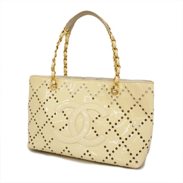 CHANEL【3db062Auth  Punching Chain Shoulder Women's Patent Leather Tote Bag Ivory