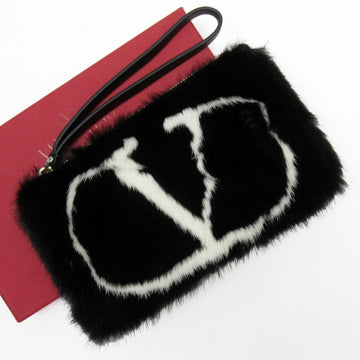 VALENTINO GARAVANI Garavani clutch bag V black white fur leather