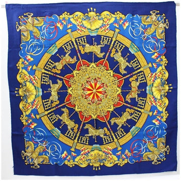 HERMES Silk Scarf Muffler Carre 90 LUNAPARK Blue x Gold  Ladies Merry-Go-Round Amusement Park