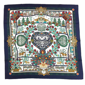 HERMES Scarf Carre 90 Decoupages [Decoupage] by Anne Rosat Fir Tree Reindeer Silk 100% Navy Blue