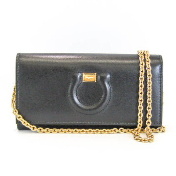 SALVATORE FERRAGAMO Gancini JL-22 D513 Women's Leather Chain/Shoulder Wallet Black