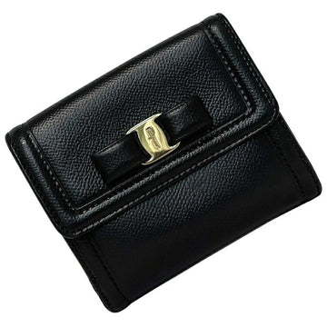 Salvatore Ferragamo Ferragamo Bi-Fold Wallet Black Gold Vala 22C911 Leather Salvatore Ribbon Ladies