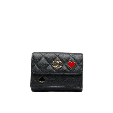 CHANEL Matelasse Heart Spade Trifold Wallet Small Black Caviar Skin Ladies