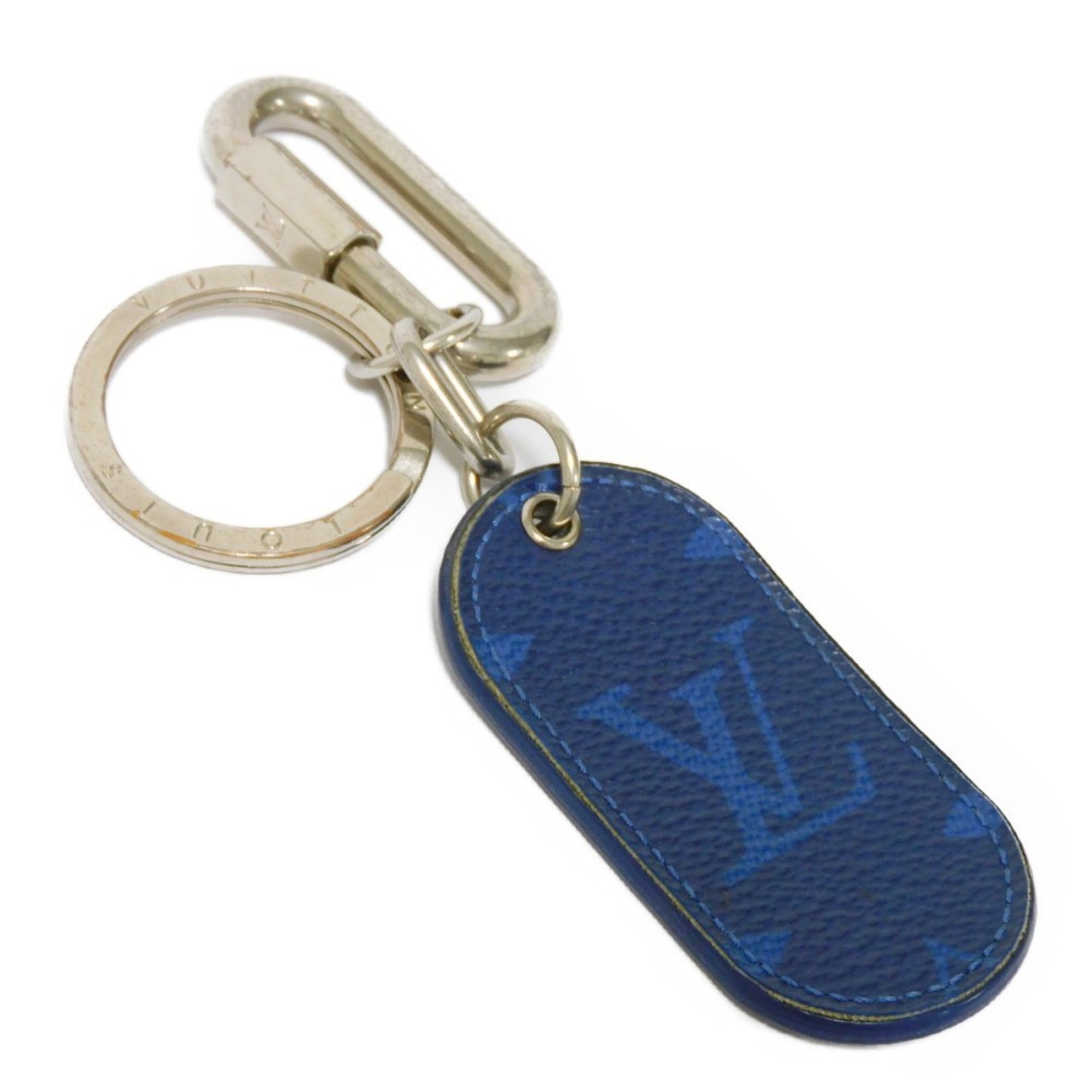 LOUIS VUITTON Keychain Portocle Military Tab LV Logo Blue Keyring Taig