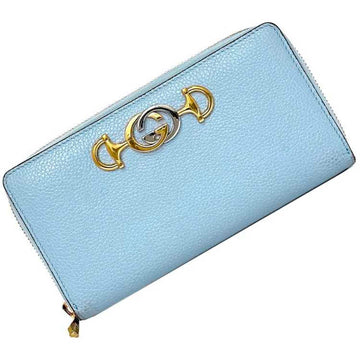 GUCCI Round Long Wallet Light Blue Gold Zumi 570661 GG Leather  Horsebit Ladies Luxury