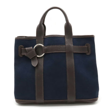 HERMES Petite Centure PM Tote Bag Handbag Canvas Leather Navy Blue Dark Brown J Stamp