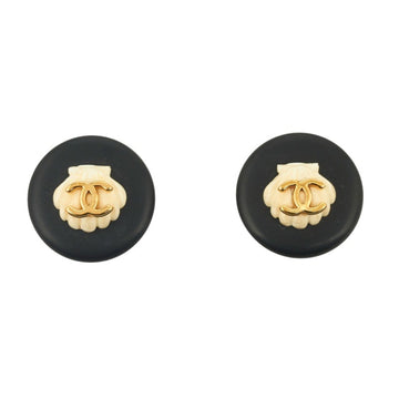 CHANEL Cocomark Shell Motif Earrings Black Gold Plated Plastic Ladies