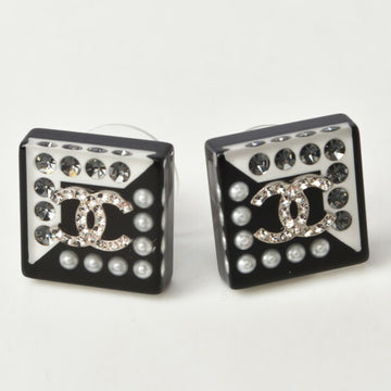 CHANEL earrings  here mark square / rhinestone black white