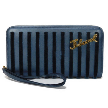 CHANEL Long Wallet Striped Zip Velor Handle 26th Series Round Zipper Logo Metallic Navy Men's Women's