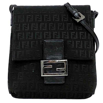 FENDI Shoulder Bag Black Silver Zucchino 8BT073 FF Canvas Leather Zucca Pattern Flap Ladies Compact