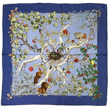 HERMES Scarf Carre 90 Blue Silk  AU COEUR DES BOIS Bird's Nest Bird Forest Animal Birch Plant Owl Natural Women's