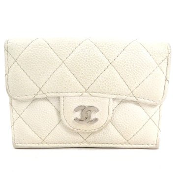 CHANEL Trifold Wallet Matelasse Coco Mark Caviar Skin Leather Off-White Silver Ladies