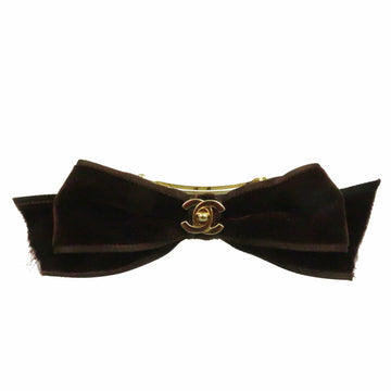 CHANEL Suede Brown Valletta Hair Clip Ribbon Coco Mark Turn Lock Motif 0032