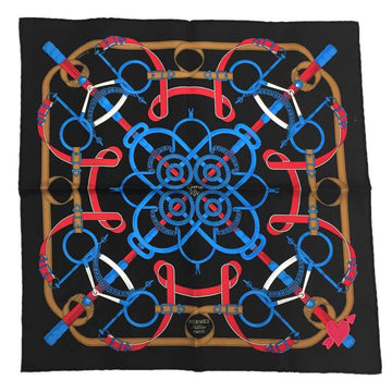 HERMES Carre 45 Gavroche Scarf Muffler Eperon d'or Apron Doll Golden Spur Heart Applique 938882S 2021 Collection Black NOIR/BLEU VIF/ROUGE 100% Silk