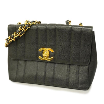 CHANEL Shoulder Bag Mademoiselle W Chain Caviar Skin Black Gold Hardware Women's