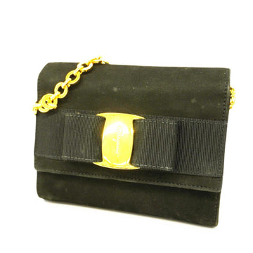 SALVATORE FERRAGAMO Shoulder Bag Vara Suede Black Gold Hardware Women's