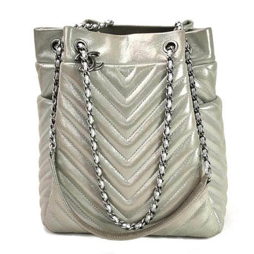 Chanel Chain Shoulder Bag V Stitch Coco Mark Silver Lame Leather Ladies