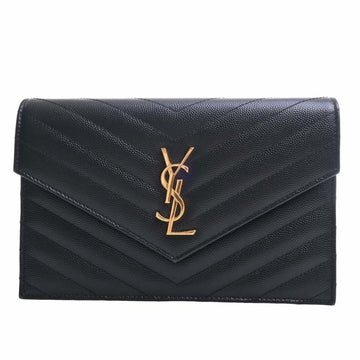 SAINT LAURENT Leather V Stitch Envelope Chain Shoulder Long Wallet 393953 Black Ladies